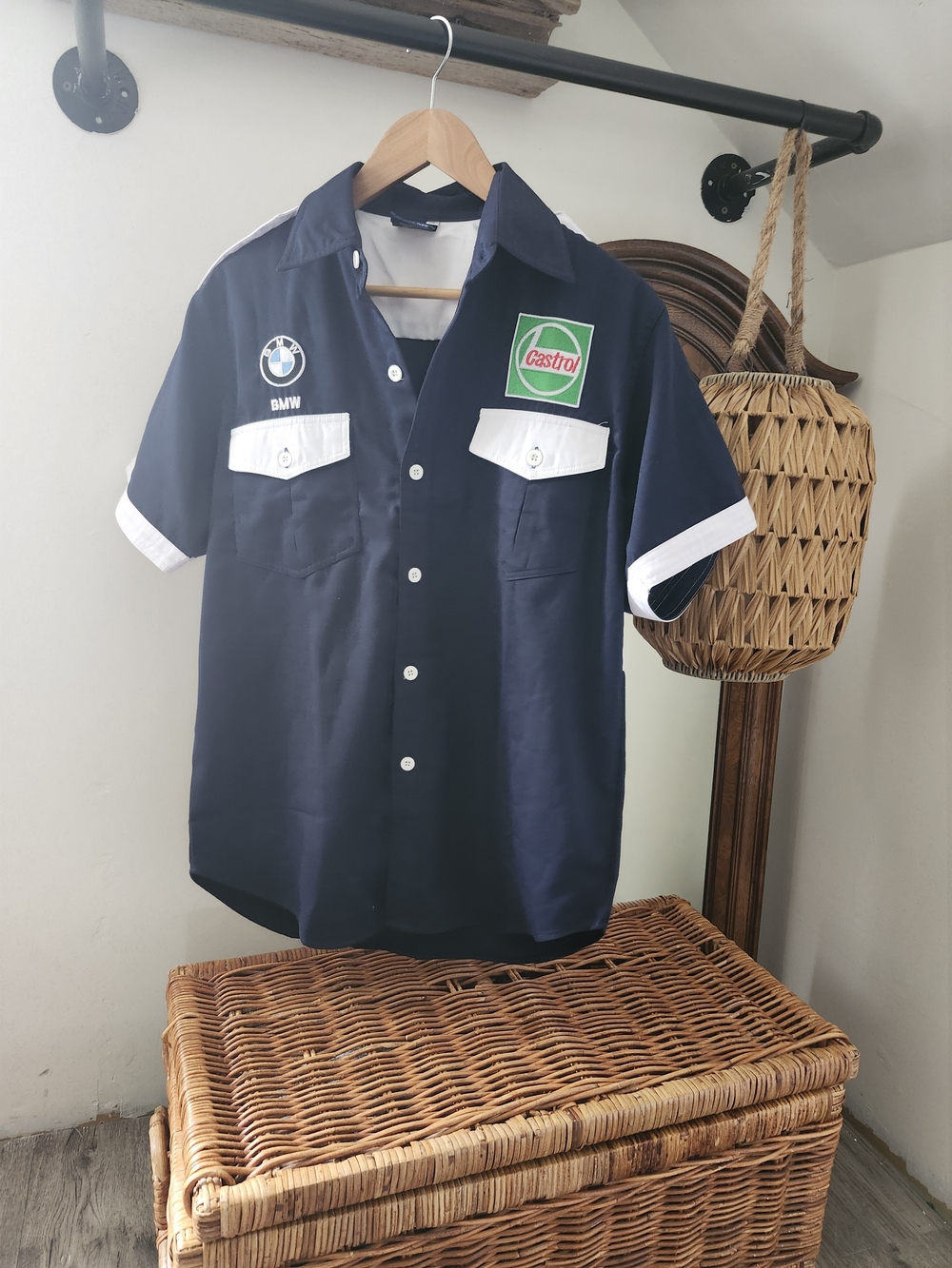BMW Navy Short-Sleeve Work Shirt with White Trim and Castrol Patch